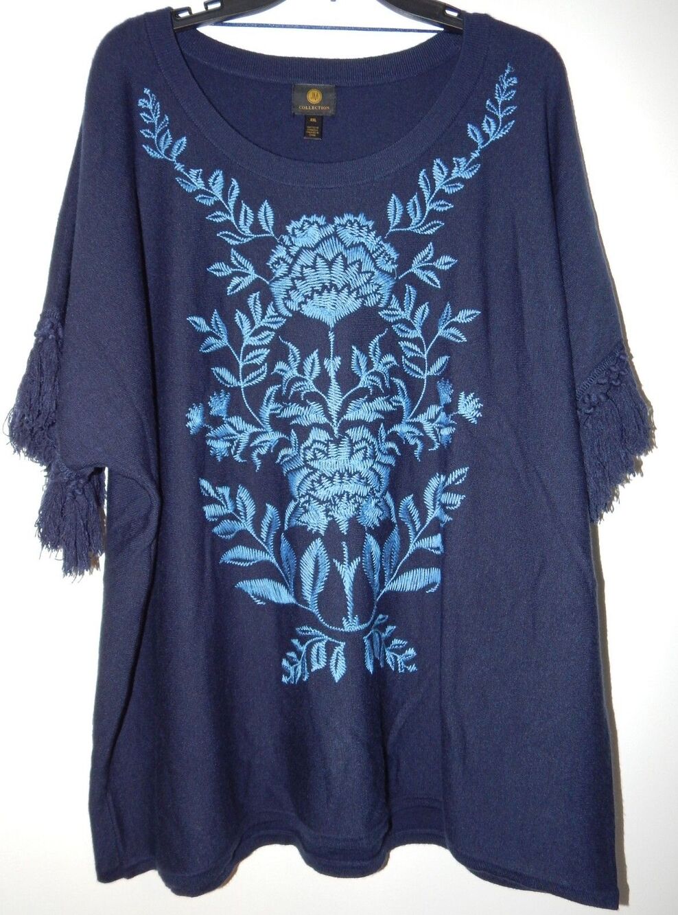 JM Collection Women's Sz 2XL Embroidered Fringe-Trim Poncho Top, Exclusive 79.50